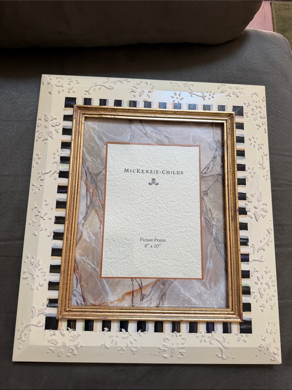 MacKenzie-Childs Cream and Gold Picture Frame w/ a Courtly Check Border, NWOT